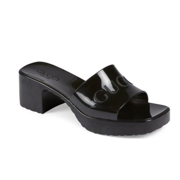 GUCCI Black Rubber Logo Platform Slide Sandals Size EU:40 - Picture 1 of 9
